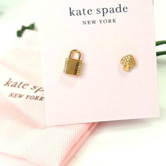 Kate Spade Lock & Spade Earrings Mismatch Stud NWT NEW Post Back Gold - Picture 2 of 10